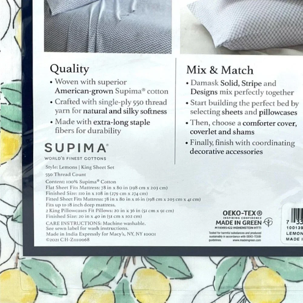 new YELLOW + WHITE Charter Club Designs Lemons 550 TC Cotton KING Sheet Set